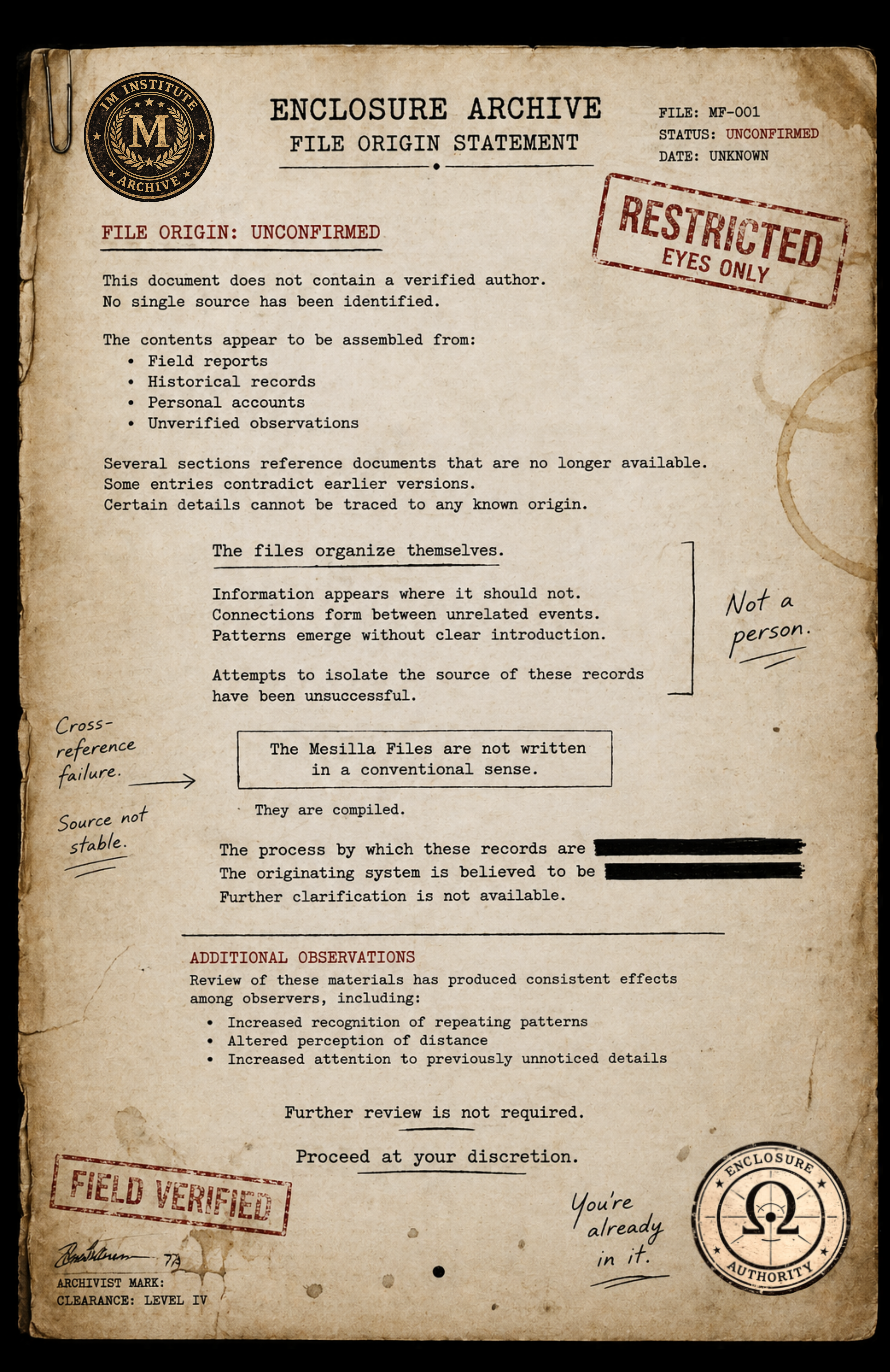 The Mesilla Files - Enclosure Archive -File Origin Statement